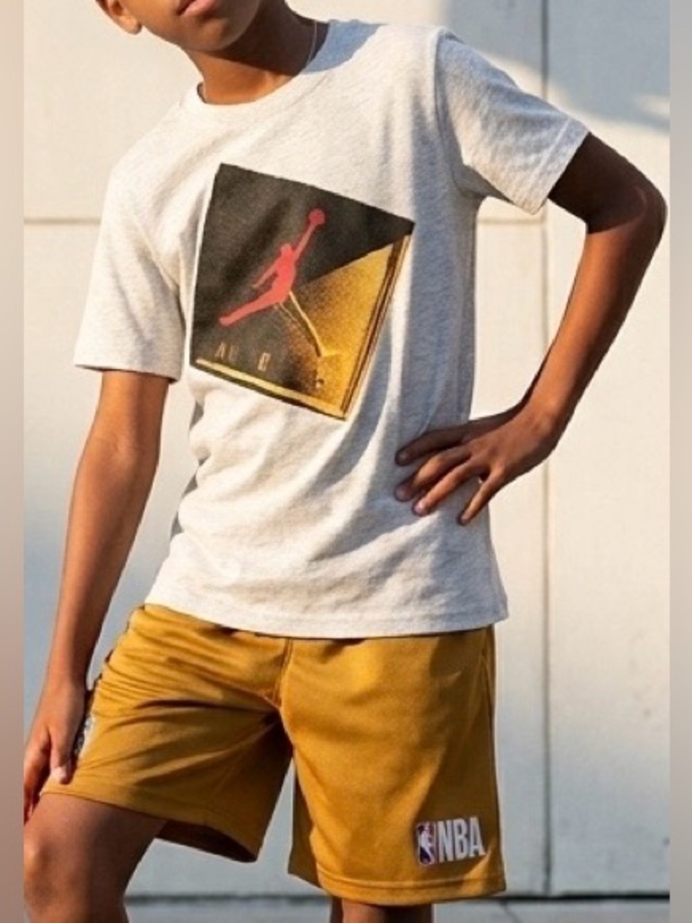Jordan Kids White Tee and Gold Athletic Shorts Set